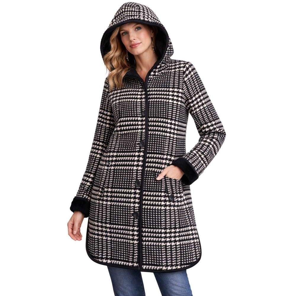 IKE BEHAR Houndstooth Fur Lined Hooded Coat M Cozy Comfort Casual